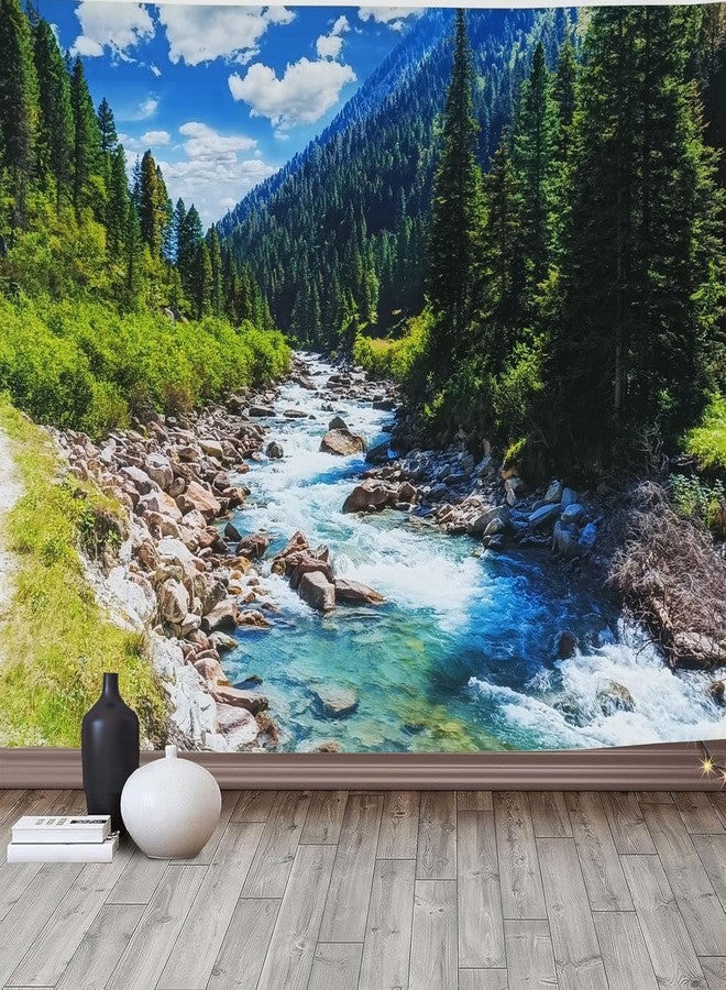 TUGCAY Nature Forest Mountain Tapestry Green Pine Tree Stream Tapestry White Clouds Flowing River Valley Landscape Scenery Tapestries Wall Hanging for Bedroom Dorm Living Room Office Classroom 60 x 40 Inch - Image 1
